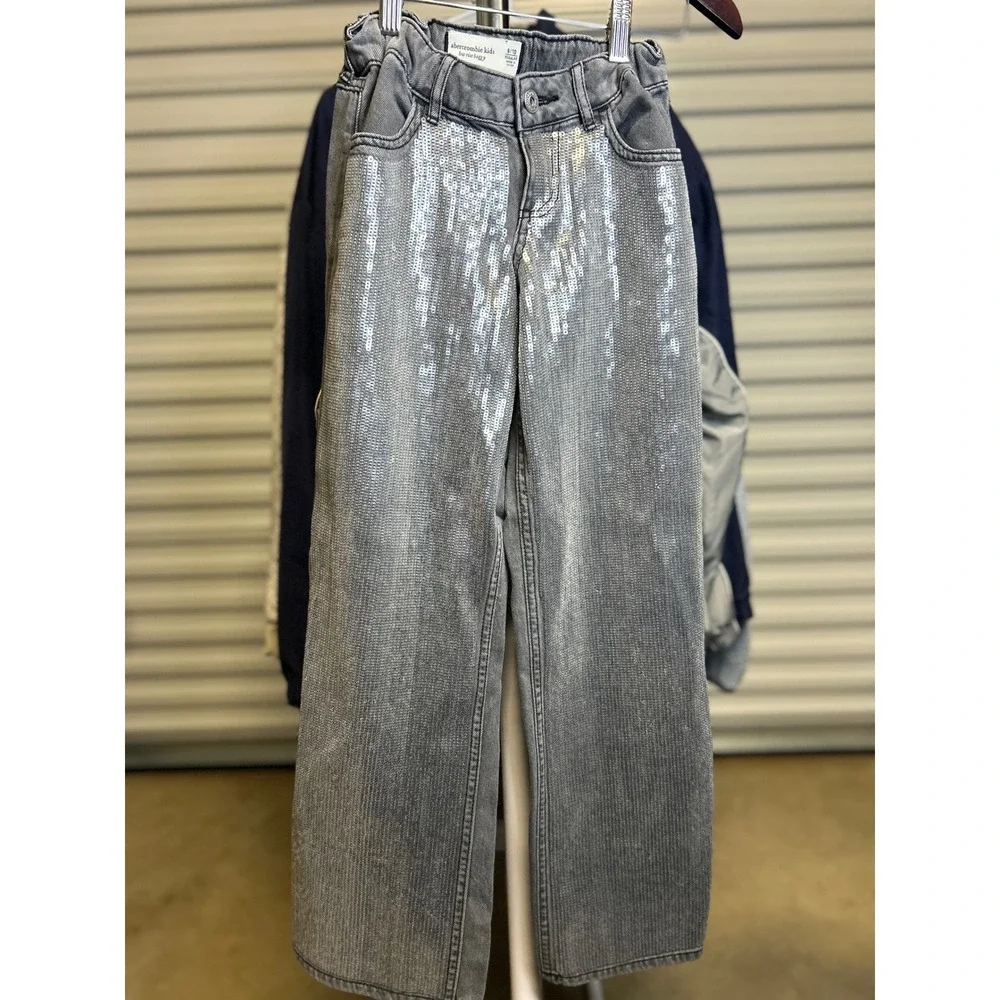 Abercrombie Kids Jeans Girls 9/10 Gray Low Rise Baggy Sequin Wide Leg Denim Y2K